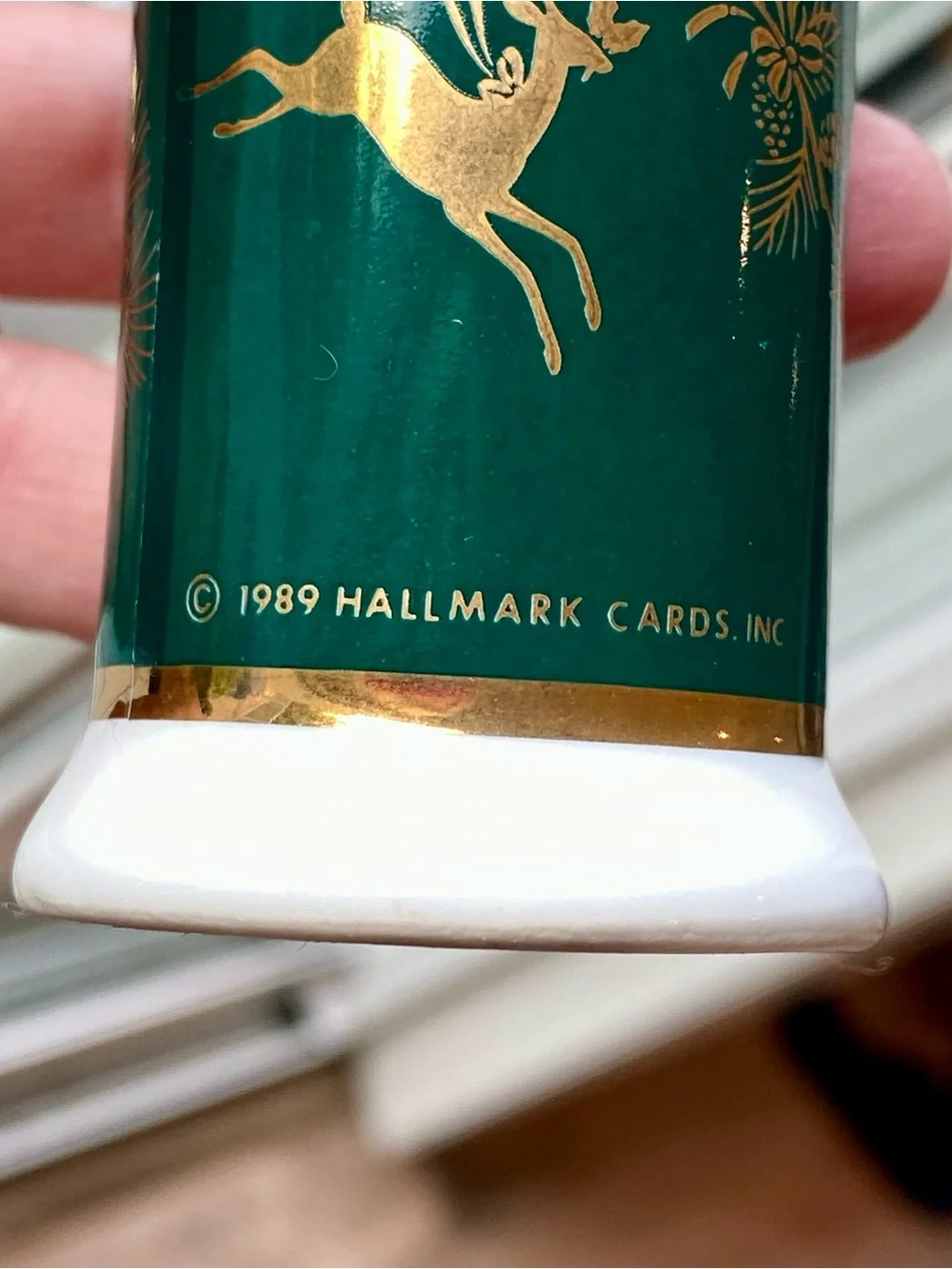 Vintage 1980s Hallmark Green & Gold Reindeer Christmas Salt & Pepper Shaker Set